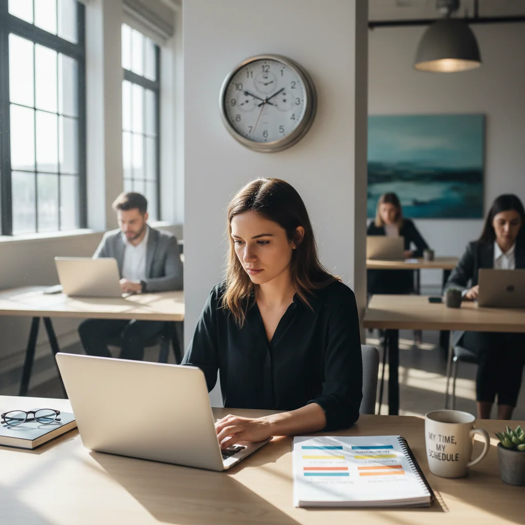 A photorealistic image of a young adult employee working flexibly at a modern office desk with a laptop, surrounded by elements suggesting variable hours like a clock showing different times and a calendar, conveying the concept of part-time work with variable schedule. No children or legal documents visible.