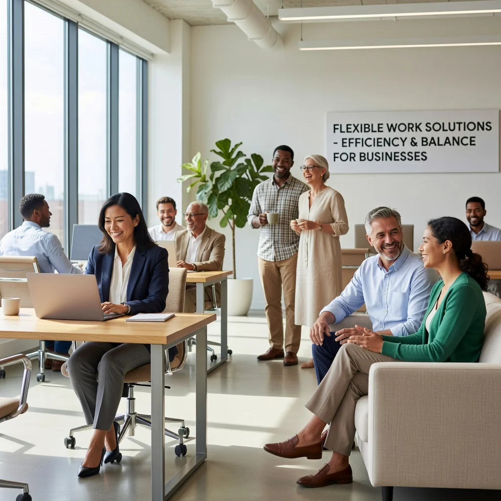 A photorealistic image depicting the advantages of part-time work with guaranteed minimum hours for companies, showing a diverse group of adult professionals in a modern office environment, collaborating happily on tasks, symbolizing flexibility, work-life balance, and productivity without any legal documents visible.