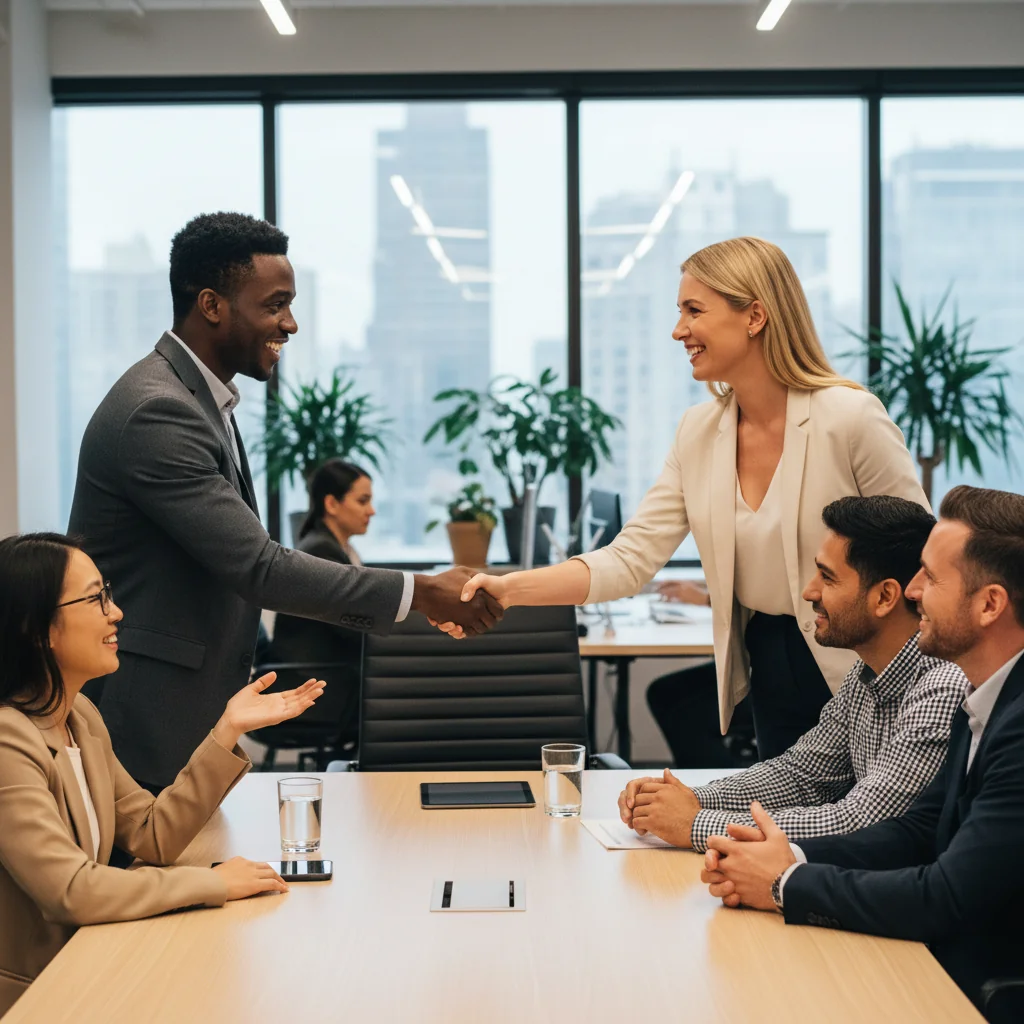 A photorealistic image of a professional adult employee in a modern office setting, shaking hands with a colleague during a job meeting, symbolizing employment agreements and workplace dynamics in the United States, with no children present.