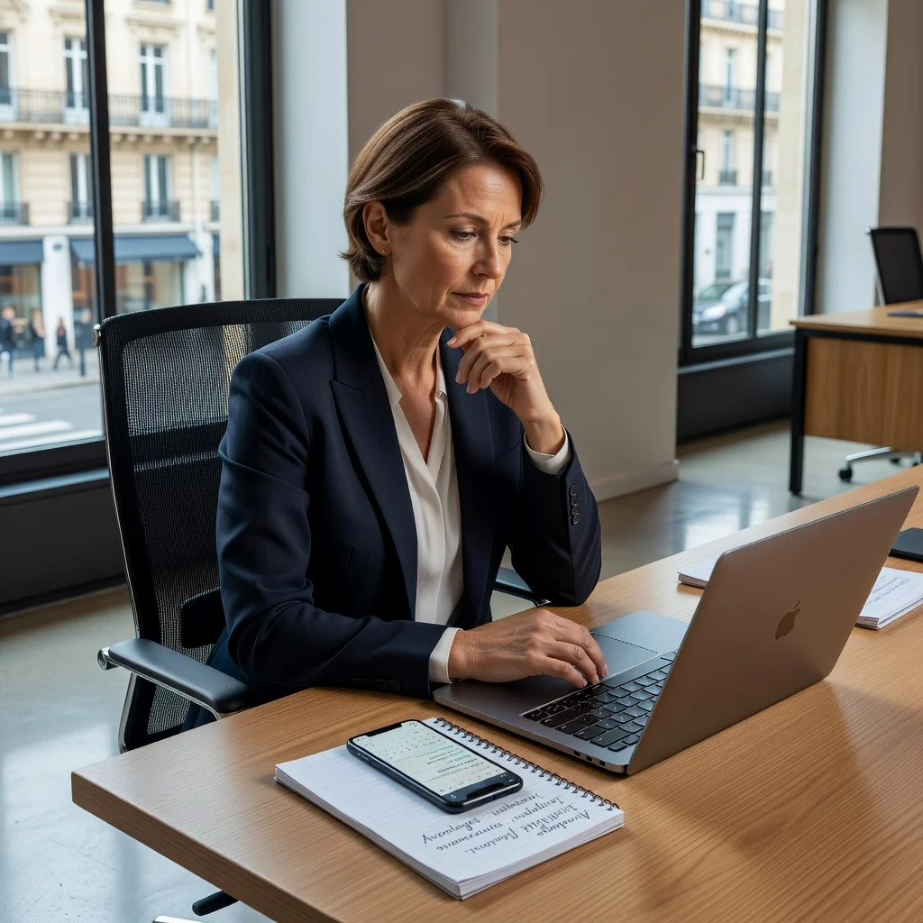 A photorealistic image of an adult French employee in a professional setting, looking contemplative while checking a schedule on a smartphone, symbolizing the flexibility and uncertainties of zero-hour contracts, with a subtle French flag or Eiffel Tower in the background to indicate location in France, no children present.