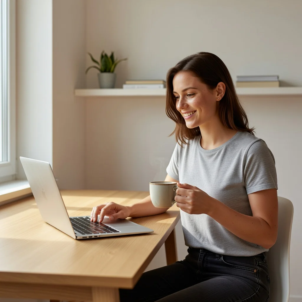 A photorealistic image of a young adult employee happily working at a simple office desk, typing on a laptop, symbolizing part-time employment like a Minijob in Germany, with a neutral background to represent basic job foundations, no legal documents visible, no children present.
