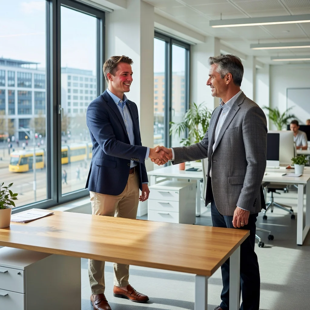 A photorealistic image of a young adult employee in a modern German office setting, shaking hands with an employer over a desk, symbolizing the start of a new minijob employment agreement, with subtle German elements like a flag or Berlin skyline in the background, conveying professionalism and opportunity without showing any documents or children.