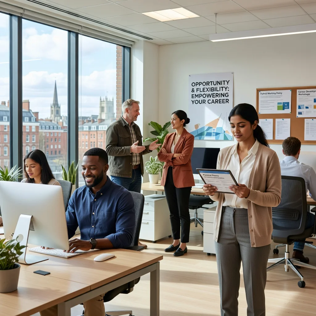 A photorealistic image of a diverse group of adult professionals in a modern UK office setting, engaged in flexible work activities such as a worker arriving at a desk, another checking a schedule on a tablet, and a third in a casual meeting, symbolizing the flexibility of zero-hours contracts without showing any legal documents.