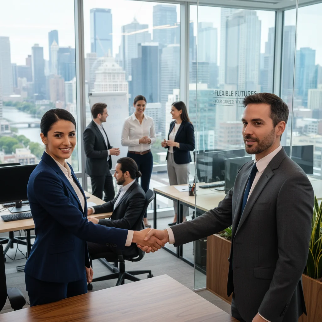 A photorealistic image of a professional adult employee in a modern office environment, shaking hands with a colleague during a job agreement discussion, symbolizing at-will employment freedom and workplace dynamics in the United States. The scene conveys confidence, professionalism, and career opportunity without focusing on any documents.