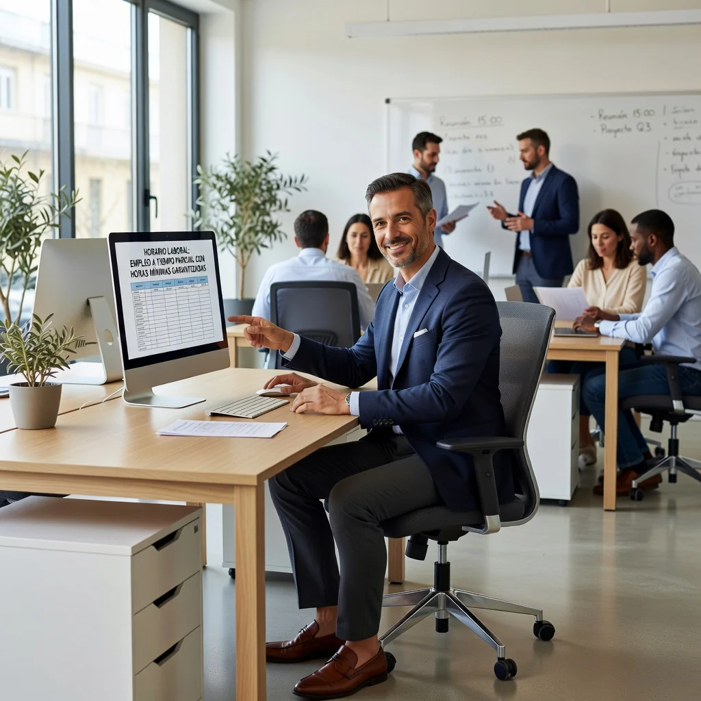 A photorealistic image of a diverse group of adults in a modern Spanish workplace, showing an employee shaking hands with an employer over a desk, symbolizing a part-time employment agreement with guaranteed minimum hours. The scene includes subtle Spanish elements like a flag or architecture in the background, conveying professionalism and work-life balance. No children are present in the image.