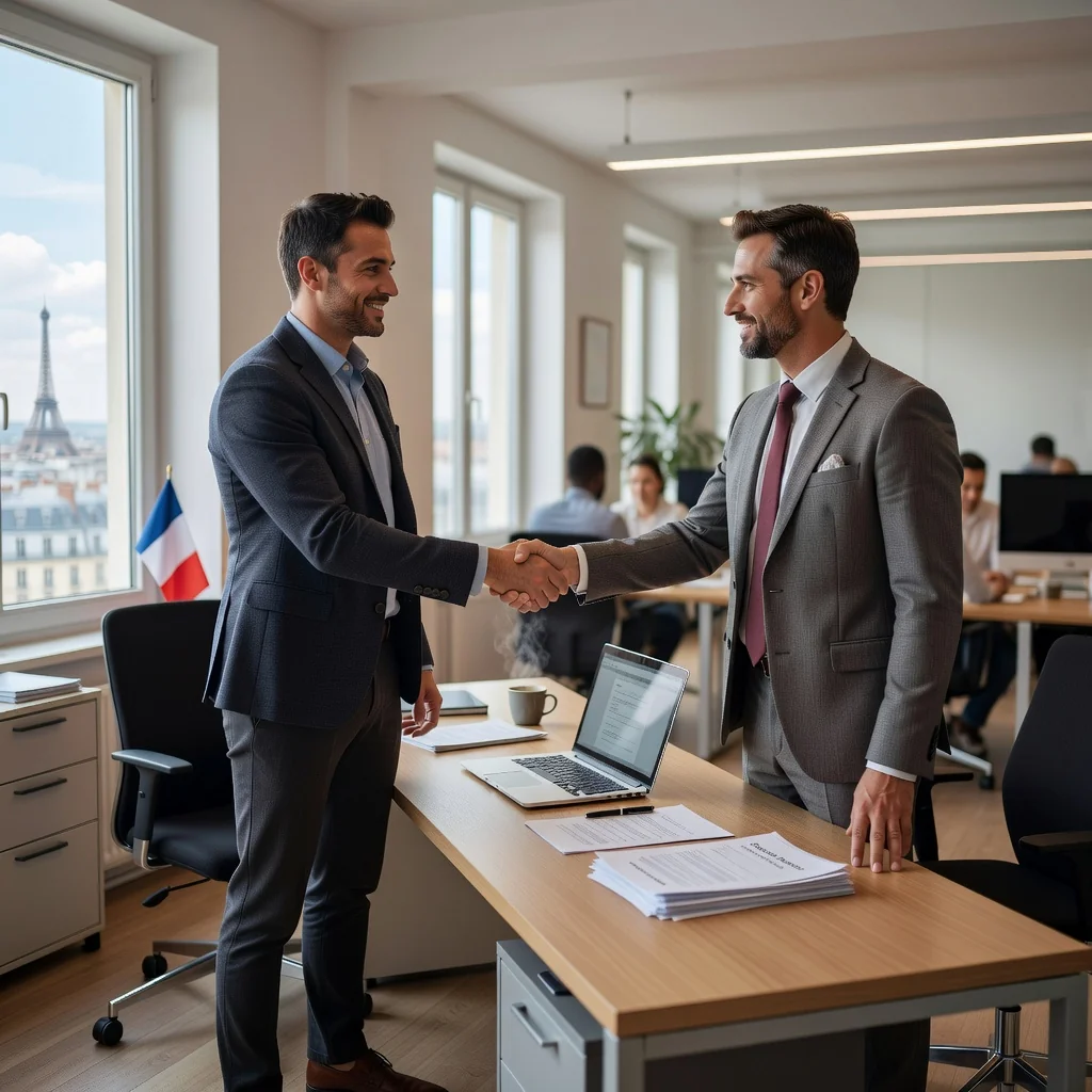 A photorealistic image of a professional adult employee in a modern French office setting, signing an employment contract with an employer, symbolizing temporary zero-hour work agreements. The scene captures the essence of flexible employment in France, with no children present and no focus on the document details.