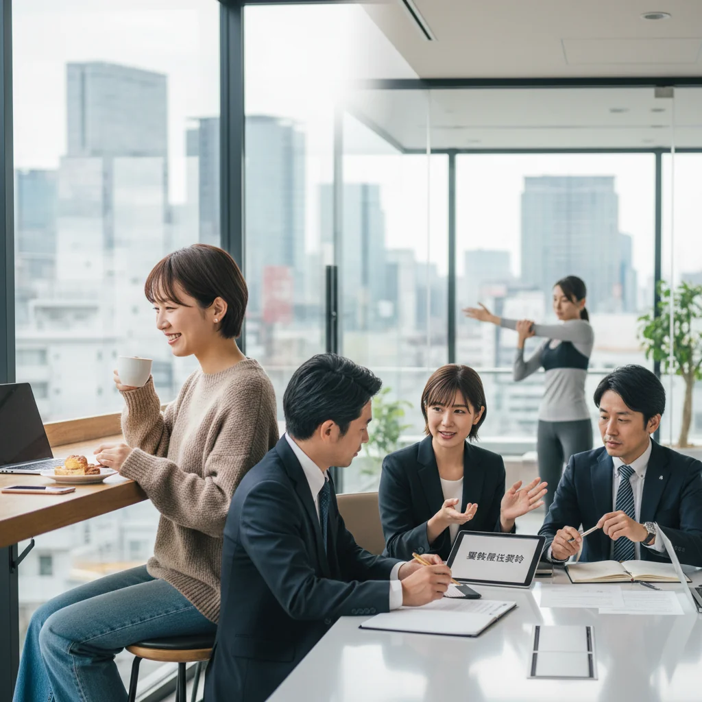 A photorealistic image of a diverse group of Japanese adults in a modern office setting, engaged in flexible work arrangements. One person is working remotely with a laptop at a cafe, another is in a meeting discussing contracts, and a third is balancing work with personal time, symbolizing flexible labor contracts. The atmosphere is professional, collaborative, and empowering, with subtle Japanese cultural elements like cityscape in the background. No children are present in the image.