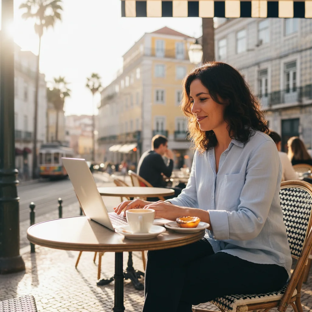 A photorealistic image of an adult employee in a flexible part-time work setting in Portugal, such as a young professional working at a cafe in Lisbon with a laptop, looking content and balanced, evoking the concept of variable hours employment without showing any legal documents.