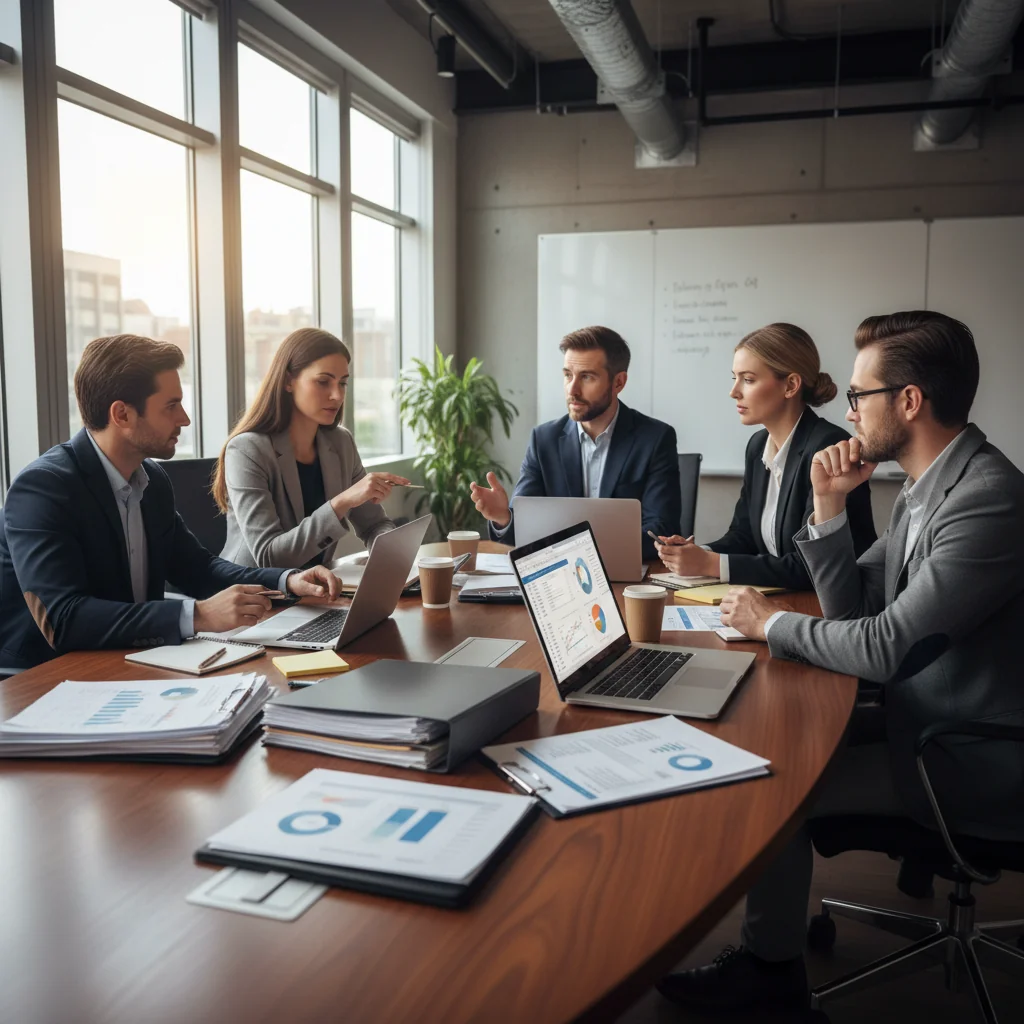 A photorealistic image of a professional business meeting in a modern office, where adults are discussing financial documents and invoices on a table, symbolizing the management and creation of billing processes.