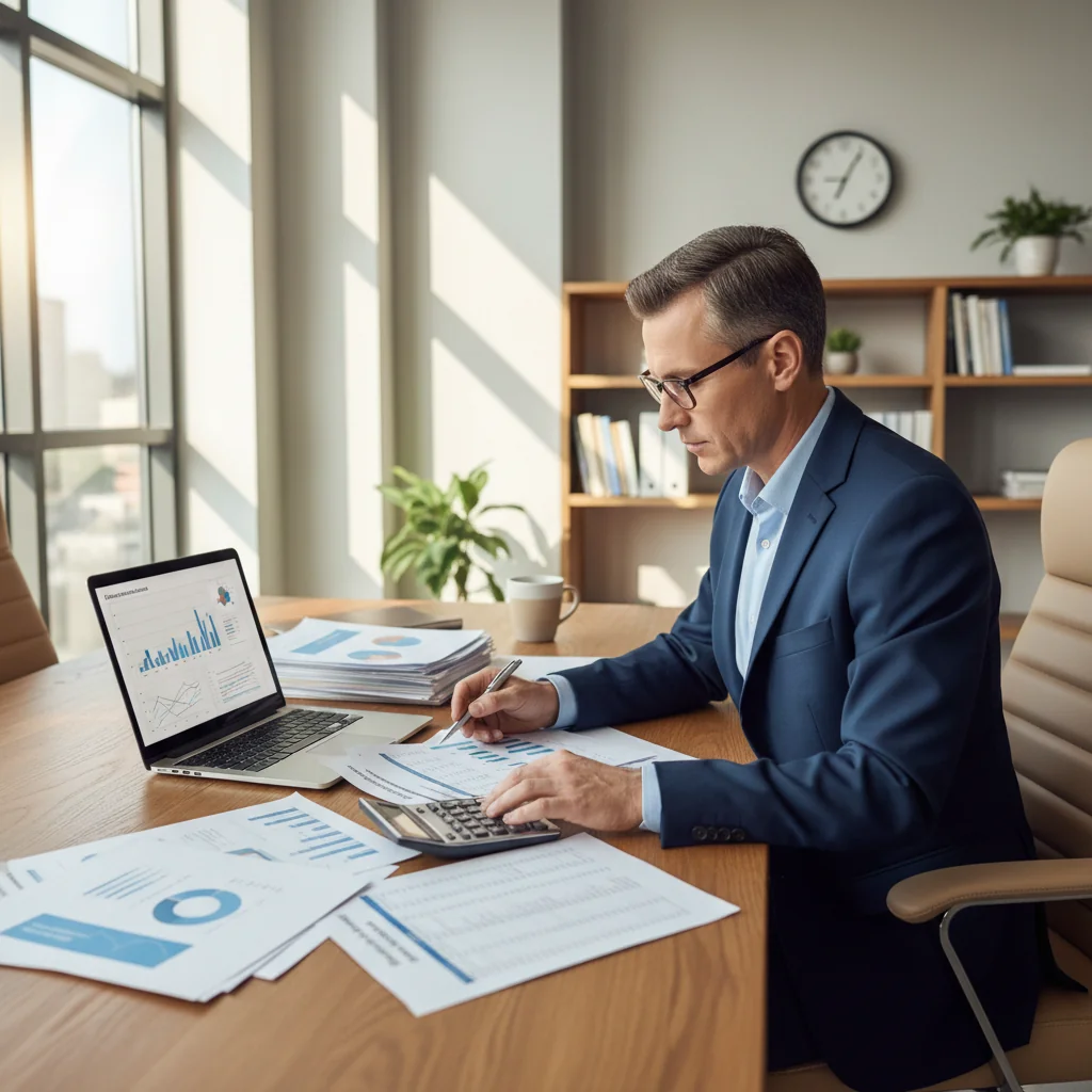 A photorealistic image of a professional adult accountant or businessperson in a modern office setting, examining financial documents on a desk with charts and graphs, symbolizing the comparison and understanding of different types of invoices in business transactions. The scene conveys clarity, organization, and financial management without showing any actual documents.