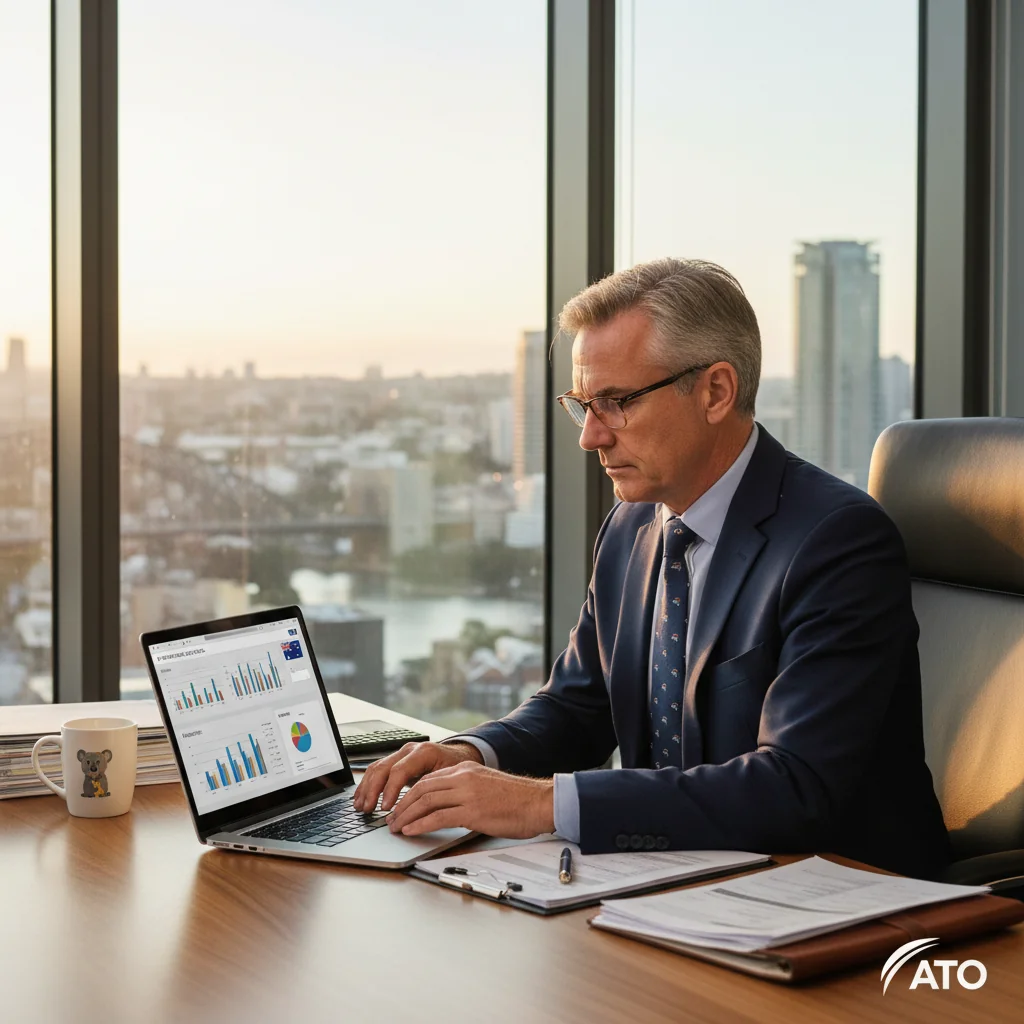 A photorealistic image of a professional Australian businessperson in a modern office setting, confidently reviewing financial documents on a computer screen with Australian tax icons subtly in the background, symbolizing compliance and efficiency in tax invoicing for businesses.