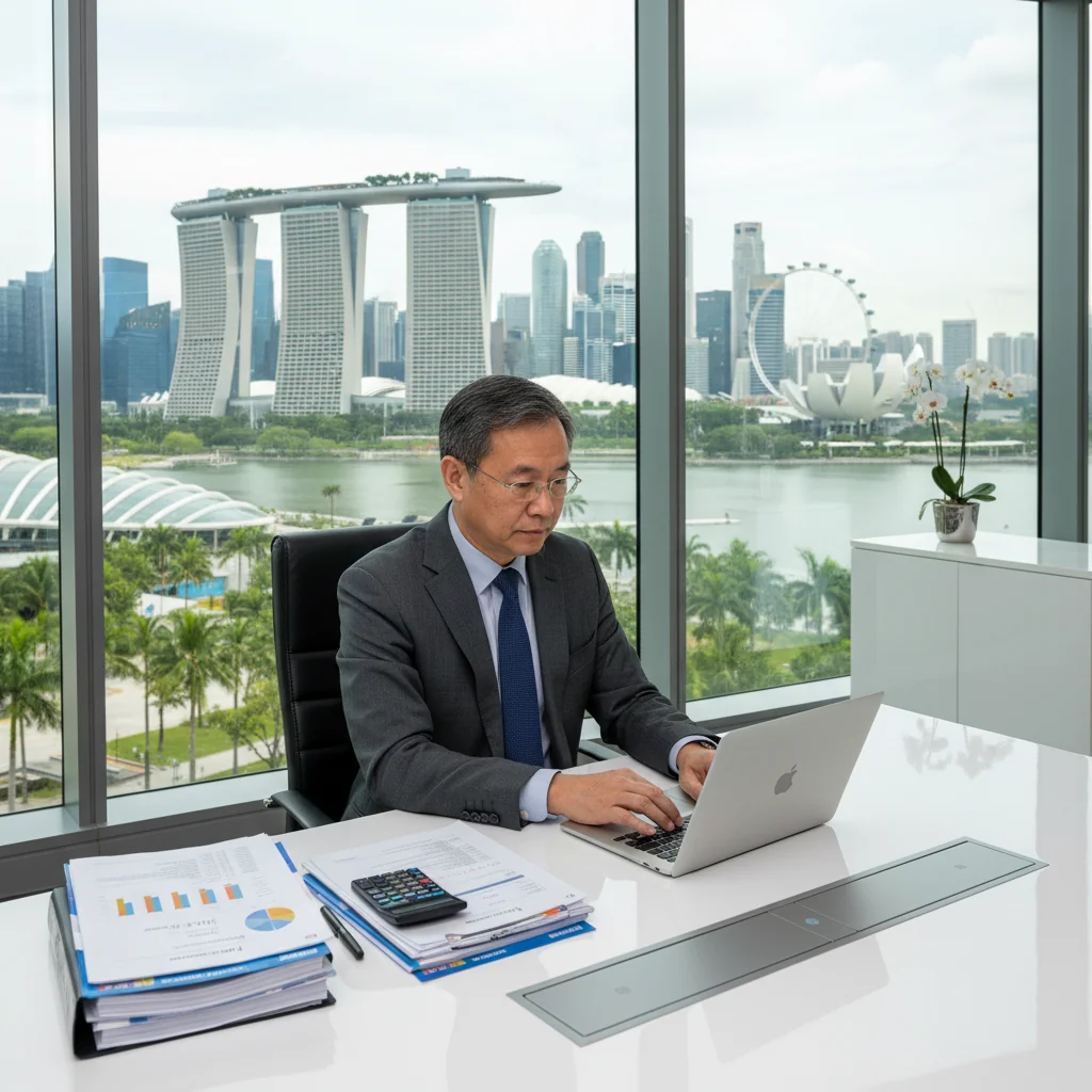 A photorealistic image of a professional businessperson in a modern Singapore office, confidently reviewing financial documents on a computer screen with the Singapore skyline visible through large windows in the background, symbolizing compliance and efficiency in tax invoicing processes.