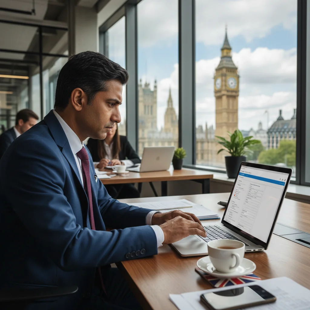 A photorealistic image of a frustrated adult professional in a modern UK office setting, carefully reviewing financial documents on a computer screen, symbolizing the importance of avoiding mistakes in business invoicing, with elements like a Union Jack flag or London skyline in the background to evoke a British context.