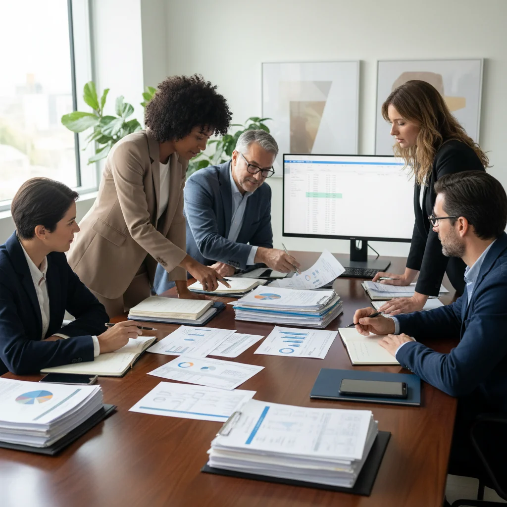 A photorealistic image of a professional business meeting in a modern office where a team is discussing financial documents and invoices, symbolizing the preparation and handling of billing statements, with adults only, no children present.