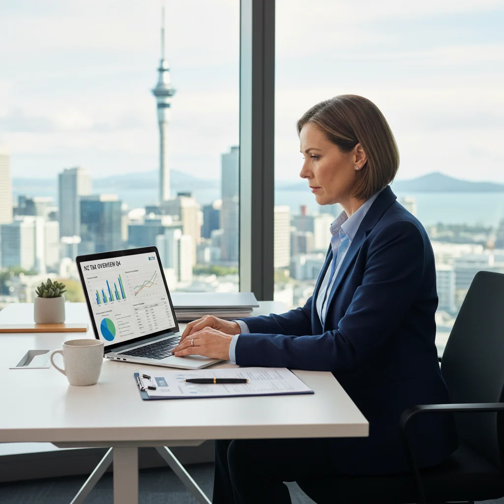 A photorealistic image of a professional New Zealand businessperson in an office setting, reviewing financial documents on a computer screen with tax-related icons subtly in the background, symbolizing understanding and compliance with tax invoices, no children present.