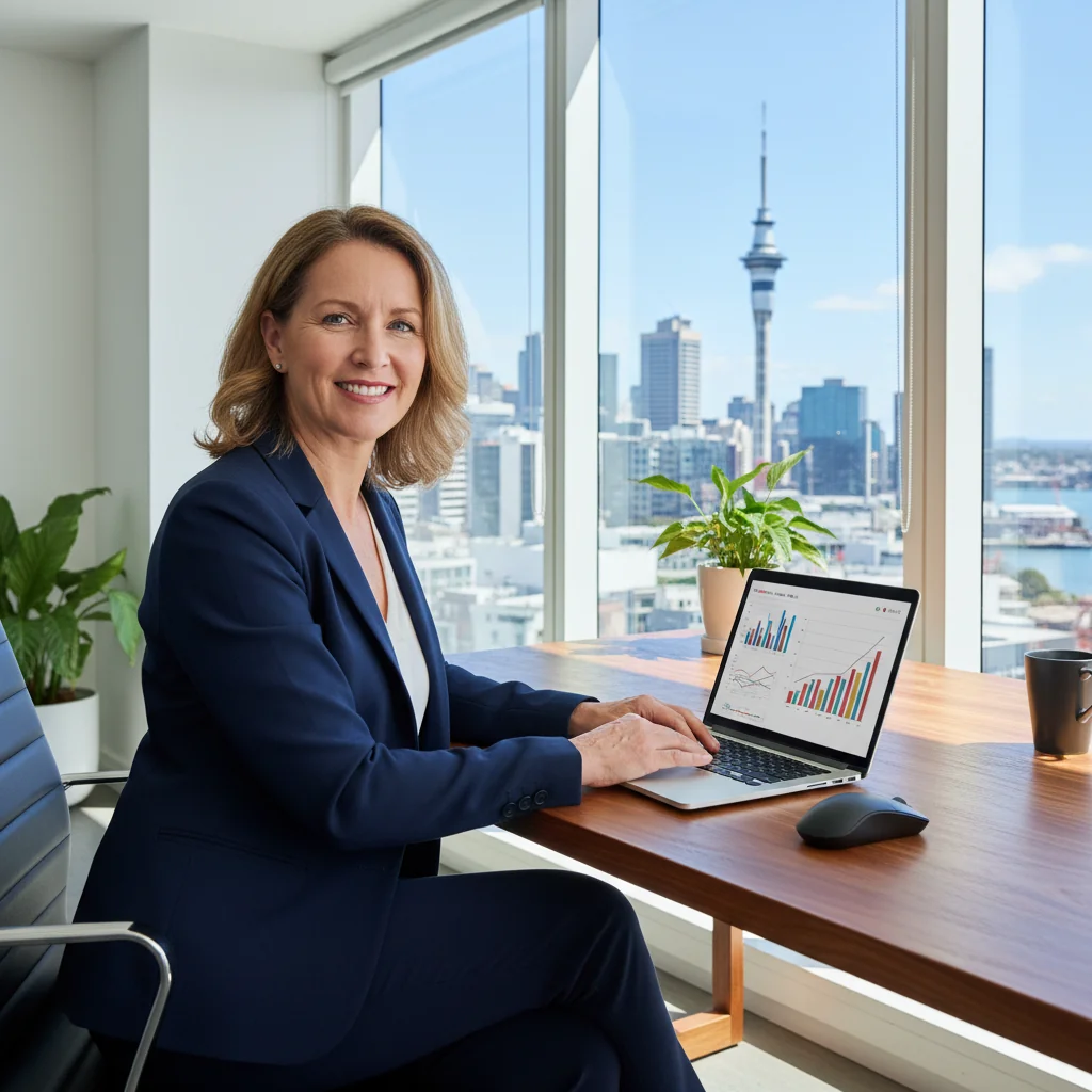 A photorealistic image of a professional business owner in a modern New Zealand office, smiling confidently while reviewing financial documents on a computer, symbolizing compliance and success in tax invoicing for NZ businesses. The scene includes subtle NZ elements like a window view of Auckland skyline, emphasizing reliability and professionalism without focusing on the document itself.