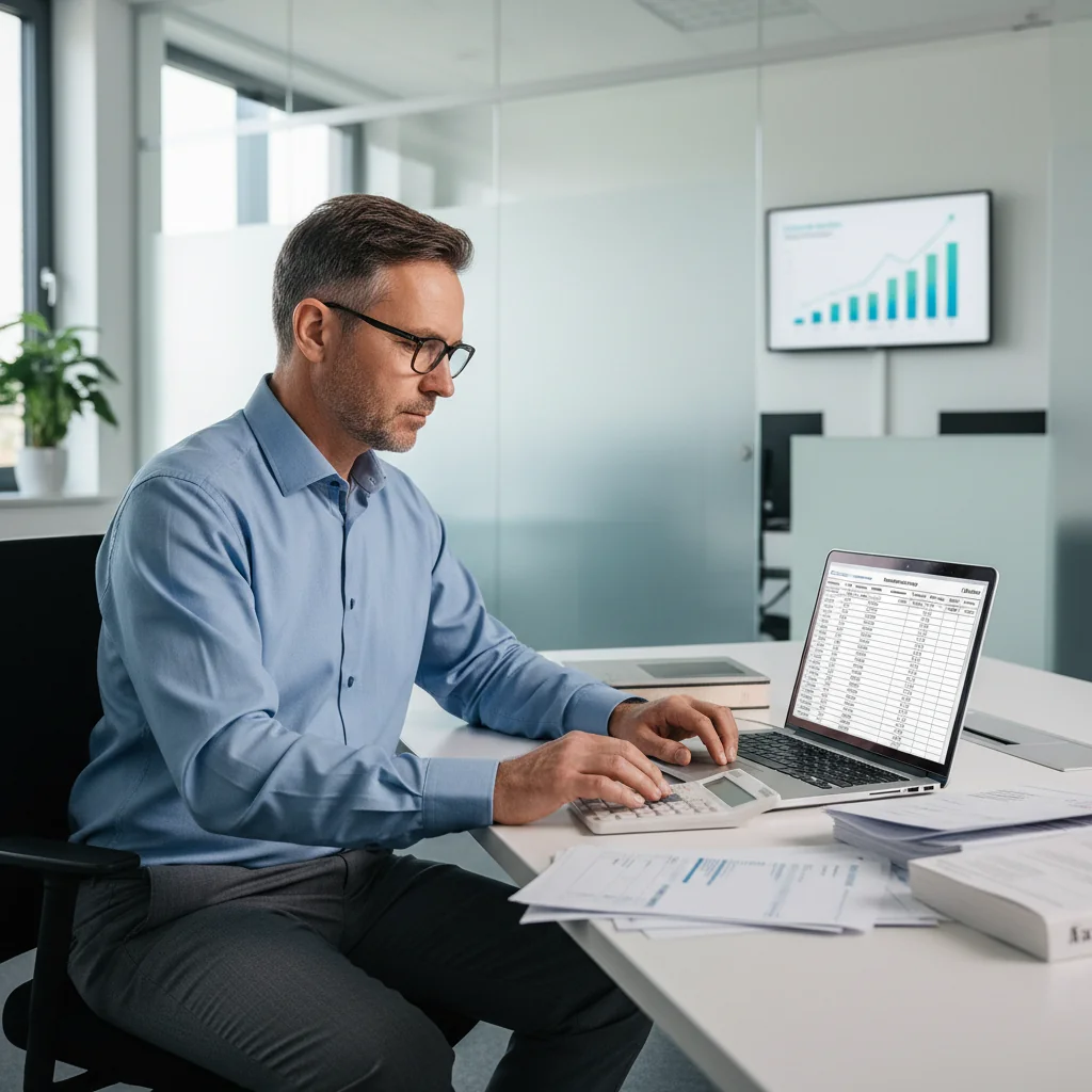 A photorealistic image of a professional businessperson sitting at a modern office desk, meticulously calculating VAT figures on a laptop, surrounded by financial charts and a calculator, symbolizing accurate invoice taxation without showing any documents or children.