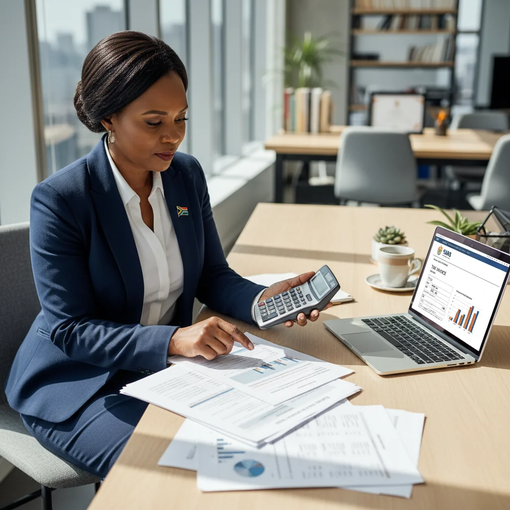 A photorealistic image of a professional adult South African businessperson, such as a middle-aged Black woman in business attire, sitting at a modern wooden desk in a well-lit office, carefully reviewing financial documents and a calculator, with a laptop open showing tax-related spreadsheets in the background, symbolizing compliance and accuracy in tax invoicing, no children present, highly detailed and realistic photography style.
