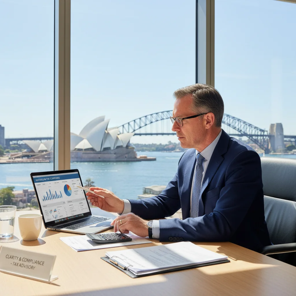 A photorealistic image of a professional Australian businessperson in a modern office setting, confidently reviewing financial documents on a computer screen with Australian tax forms subtly visible, symbolizing understanding and management of tax invoices, no children present.