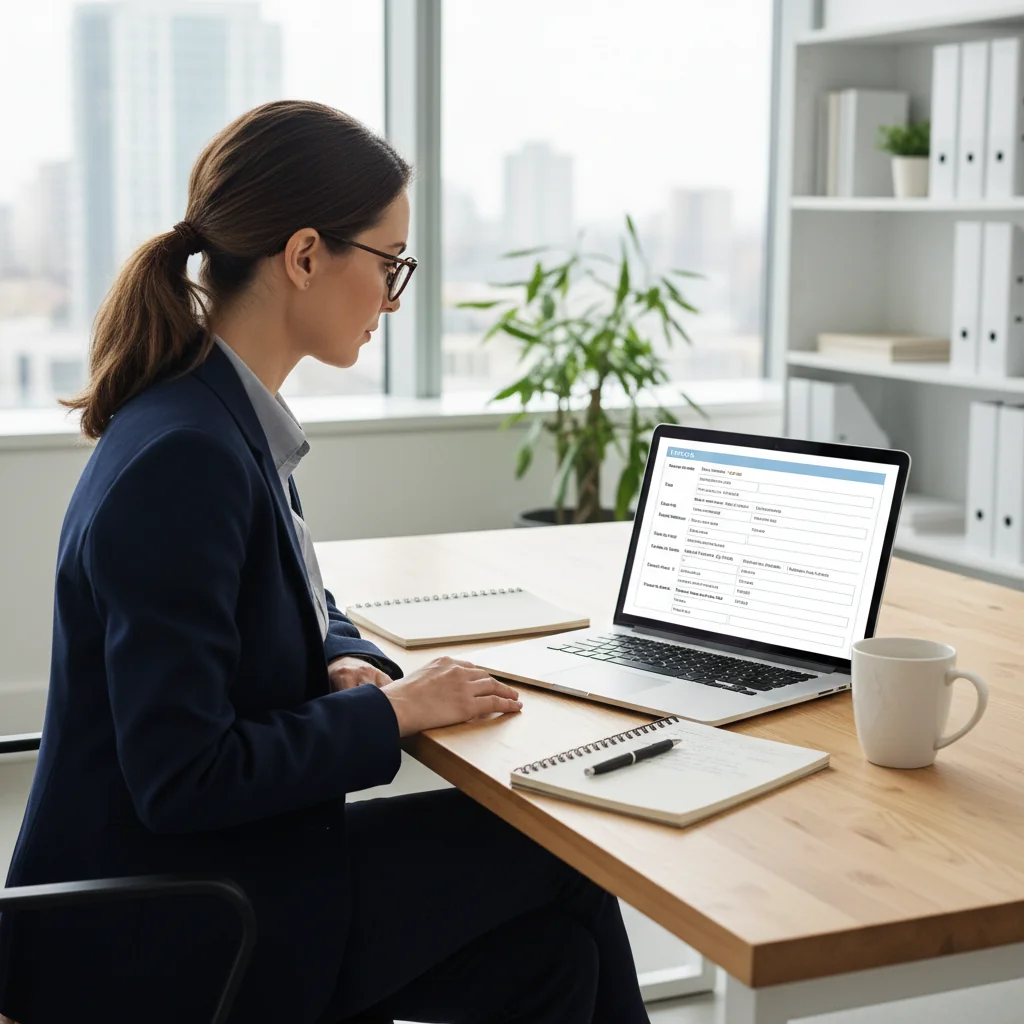 A photorealistic image of a professional adult accountant or businessperson sitting at a modern office desk, confidently reviewing financial documents on a computer screen displaying billing software, with elements like a calculator and organized paperwork nearby, symbolizing the process of issuing electronic invoices in a government tax system, no children present.