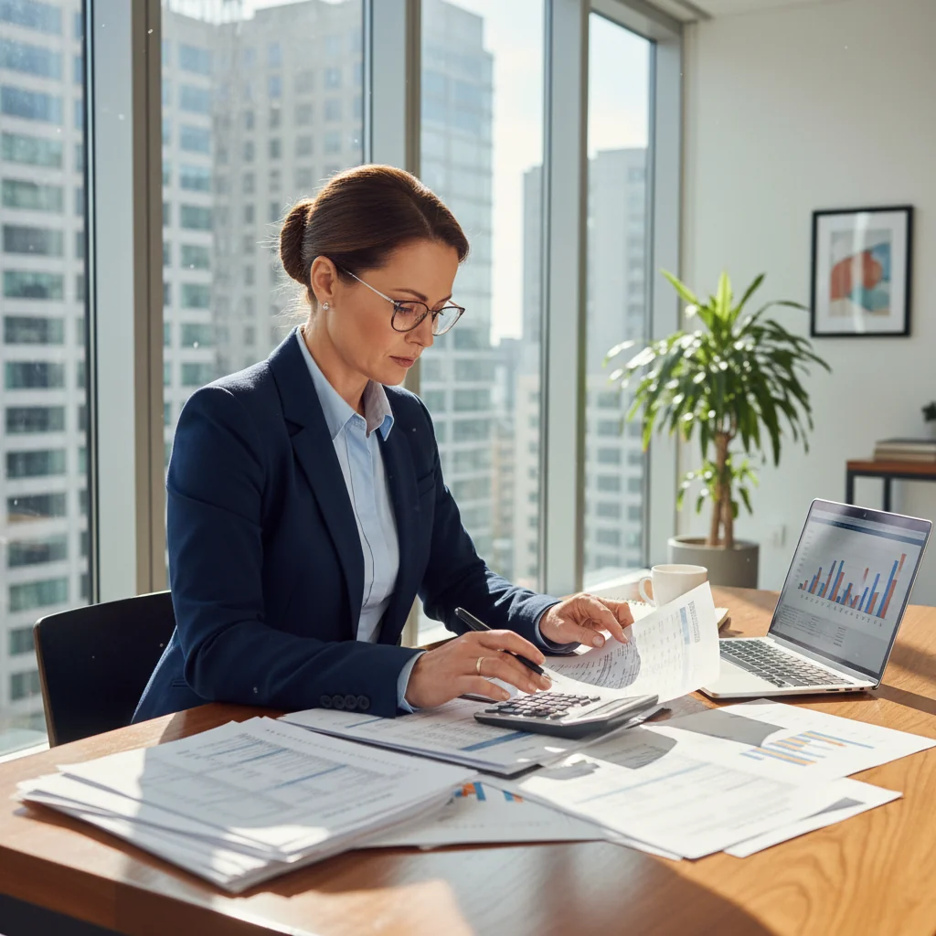 A photorealistic image of a professional businesswoman in a modern office, carefully reviewing financial documents on her desk with a calculator and laptop, symbolizing understanding tax requirements for invoices in the USA. The scene conveys focus and compliance without showing any legal documents directly.