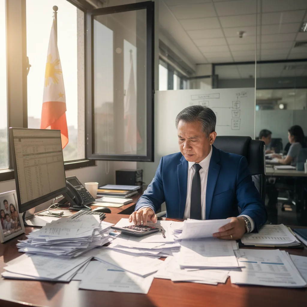 A photorealistic image of a professional adult Filipino businessperson in an office setting, carefully reviewing financial documents on a desk with a calculator and laptop nearby, symbolizing attention to detail in handling official receipts to avoid mistakes. The scene conveys caution and professionalism in administrative tasks related to tax and financial compliance in the Philippines. No children are present in the image.