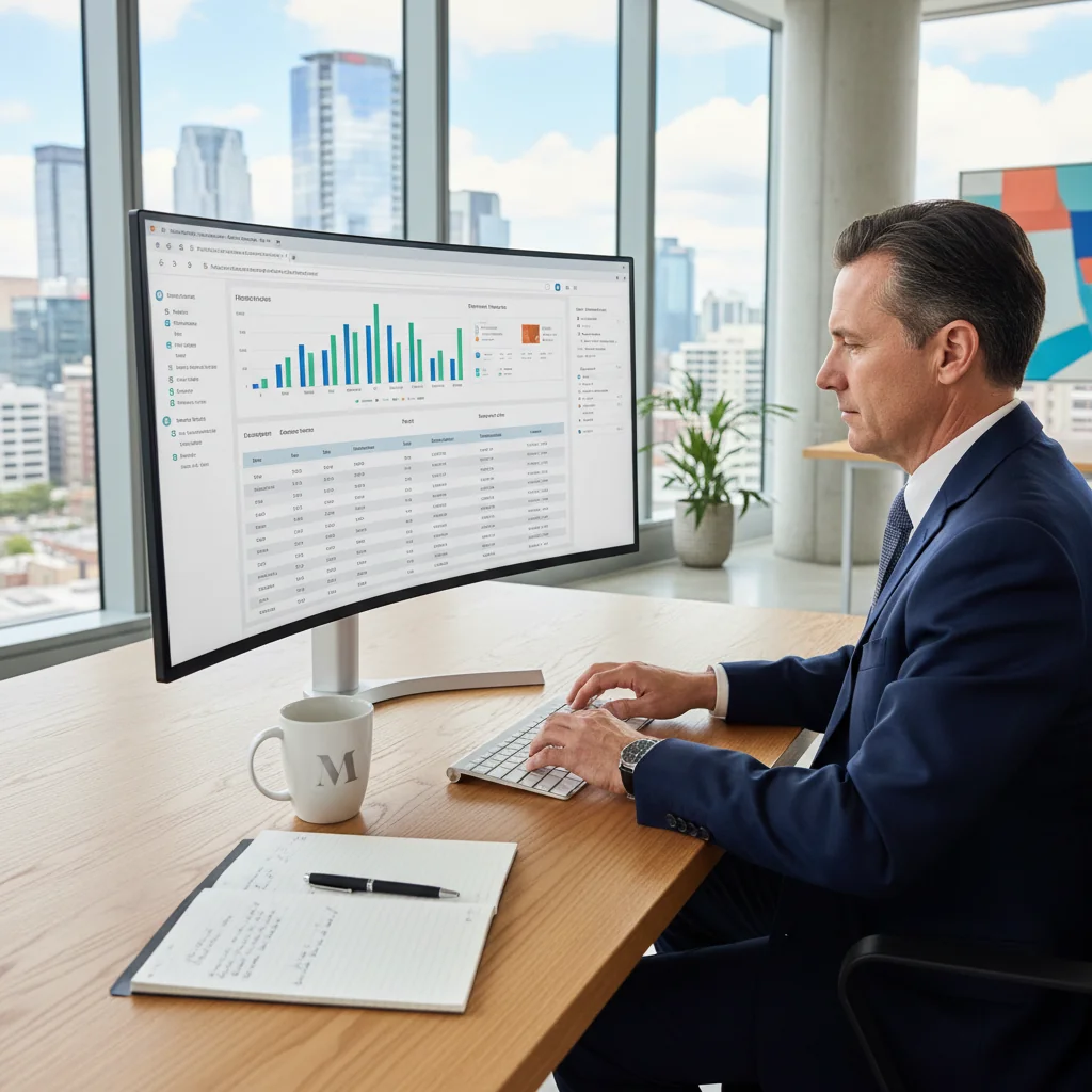 A photorealistic image of a professional businessperson sitting at a modern desk in an office, confidently using a computer to access an online financial portal, symbolizing the process of issuing electronic invoices through the Portuguese tax authority's website. The scene conveys efficiency, digital compliance, and financial management in a professional setting.