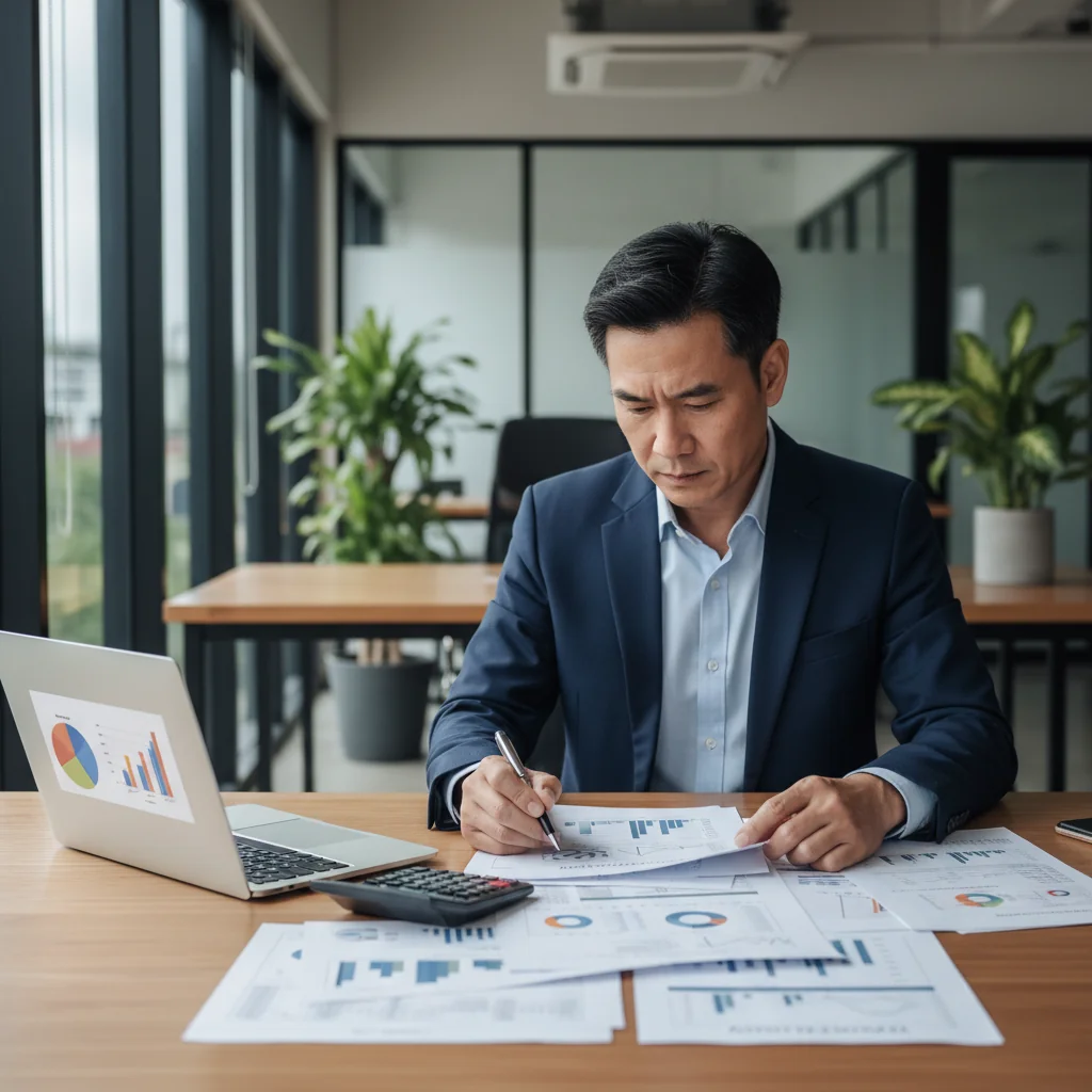 A photorealistic image of a professional accountant in a modern office, carefully reviewing financial documents on a desk with a calculator and computer screen displaying tax forms, symbolizing the accurate use of VAT invoices for tax deductions, conveying trust and precision in tax compliance.