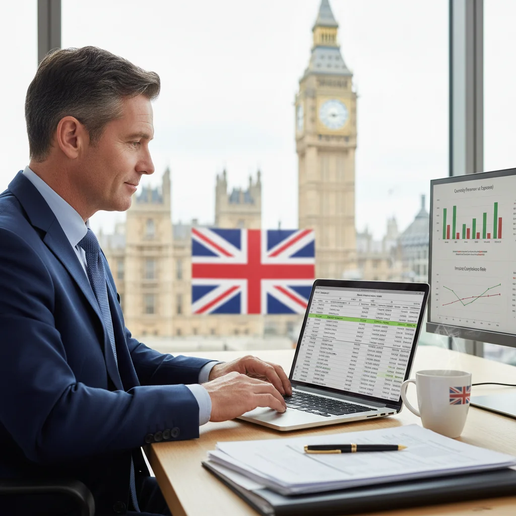 A photorealistic image of a professional businessperson in a modern UK office setting, reviewing financial documents on a computer screen with Union Jack elements in the background, symbolizing compliance and business in the United Kingdom. The focus is on the purpose of creating compliant invoices, evoking trust and professionalism.