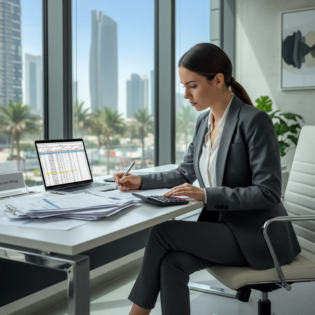 A photorealistic image of a professional businesswoman in a modern UAE office, carefully reviewing financial documents on her desk with a focused expression, symbolizing accuracy in official invoicing processes, with elements like a calculator and computer screen showing invoice data in the background, evoking themes of avoiding common billing errors in the Emirates.