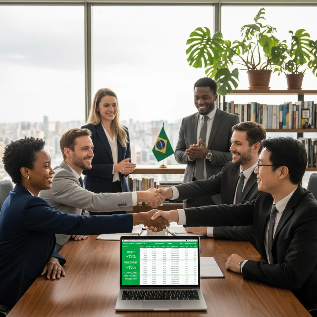 A photorealistic image representing the importance of Nota Fiscal in Brazilian business, showing a diverse group of adult professionals in a modern office setting in Brazil, engaged in a successful transaction, with elements like a handshake over a laptop displaying financial data, Brazilian flag subtly in the background, conveying trust, compliance, and economic activity. No children present.