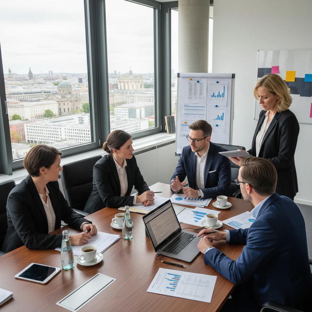 A photorealistic image of a professional business meeting in a modern German office, where a team of adults discusses financial documents and billing strategies on a conference table, with subtle German flags or landmarks in the background to evoke the context of invoicing obligations in Germany. No children are present.