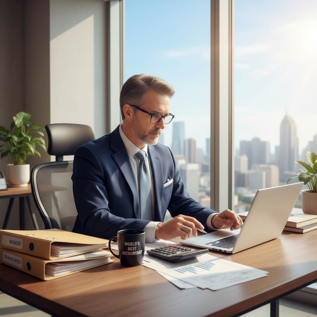 A photorealistic image of a professional accountant or businessperson in a modern office setting, meticulously reviewing financial documents on a computer screen while holding a calculator, symbolizing the careful handling of invoicing and tax processing. The scene conveys accuracy and professionalism in business finance, with no children present.