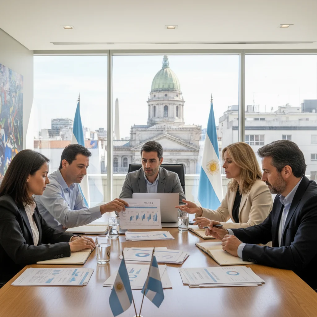 A photorealistic image of a professional business meeting in a modern Argentine office, with adults discussing financial documents on a table, symbolizing the use of official invoices like Factura A for transactions, evoking trust and compliance in business dealings.