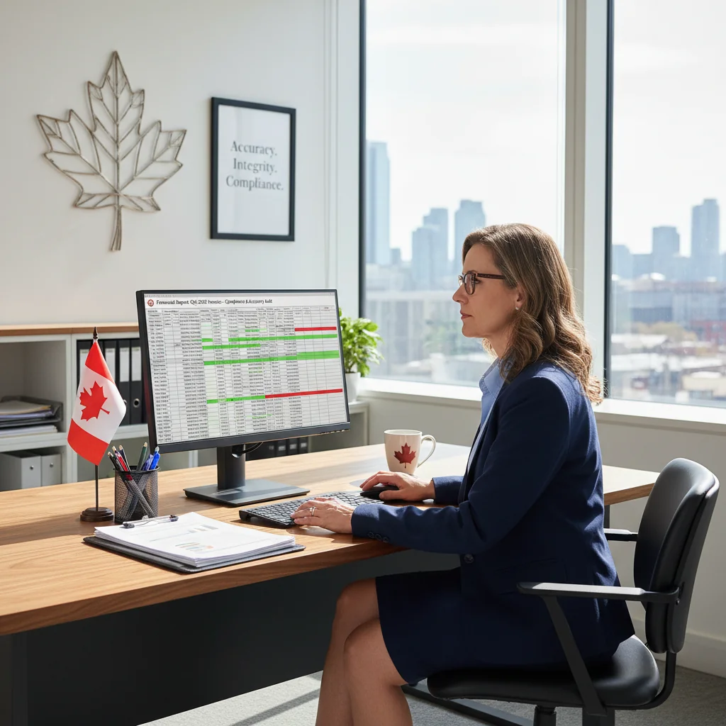 A photorealistic image of a professional Canadian businessperson in a modern office setting, reviewing financial documents on a laptop with a subtle maple leaf element in the background, symbolizing compliance and business invoicing in Canada. No children are present in the image.