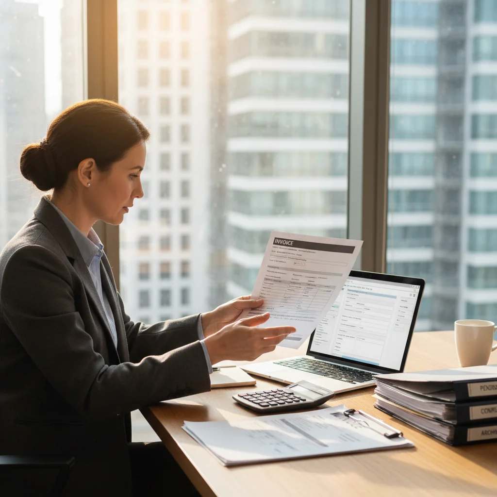 A photorealistic image of a professional business person in a modern office environment, reviewing official documents on a desk with a computer screen displaying invoice details in the background. The focus is on the efficiency and professionalism of handling official invoices, conveying trust and organization. No children are present in the image.