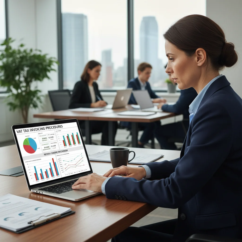 A photorealistic image of a professional businessperson in a modern office setting, confidently reviewing financial documents on a computer screen related to tax invoicing and VAT processes, symbolizing the structured flow of issuing specialized tax invoices without focusing on the document itself.