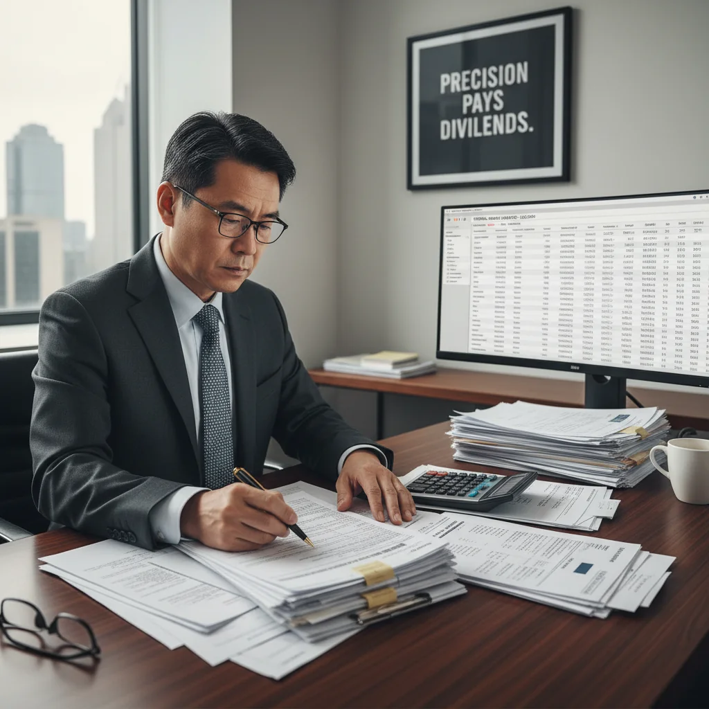 A photorealistic image of a professional businessperson in a modern office environment, carefully reviewing and organizing financial documents on a desk, symbolizing accuracy in official invoicing processes, with a focus on concentration and precision to avoid common mistakes, no children present.
