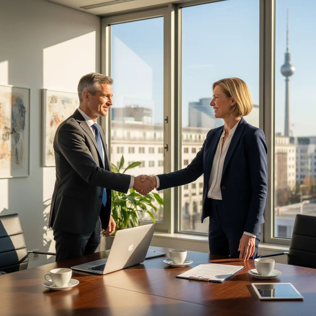 A photorealistic image of a professional business meeting in a modern German office, where two adults in business attire are shaking hands over a conference table, symbolizing a successful financial transaction or agreement related to invoicing, with subtle German elements like a flag or Berlin skyline in the background. No children are present in the image.