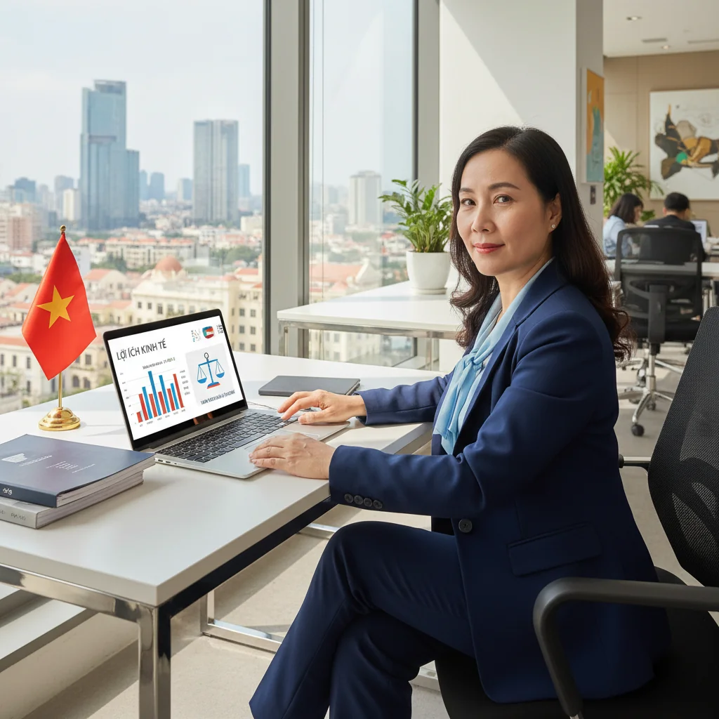 A photorealistic image depicting a professional Vietnamese businessperson in a modern office setting, reviewing financial benefits and legal compliance documents on a computer screen, symbolizing the advantages and regulations of VAT invoices in Vietnam. The scene conveys trust, efficiency, and economic growth without showing any corporate documents directly.