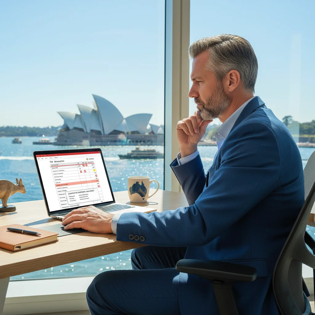 A photorealistic image of a frustrated adult professional in an Australian office setting, looking at a computer screen displaying a tax invoice with red error highlights, symbolizing common mistakes to avoid, with Australian elements like a Sydney skyline view from the window in the background. No children present.