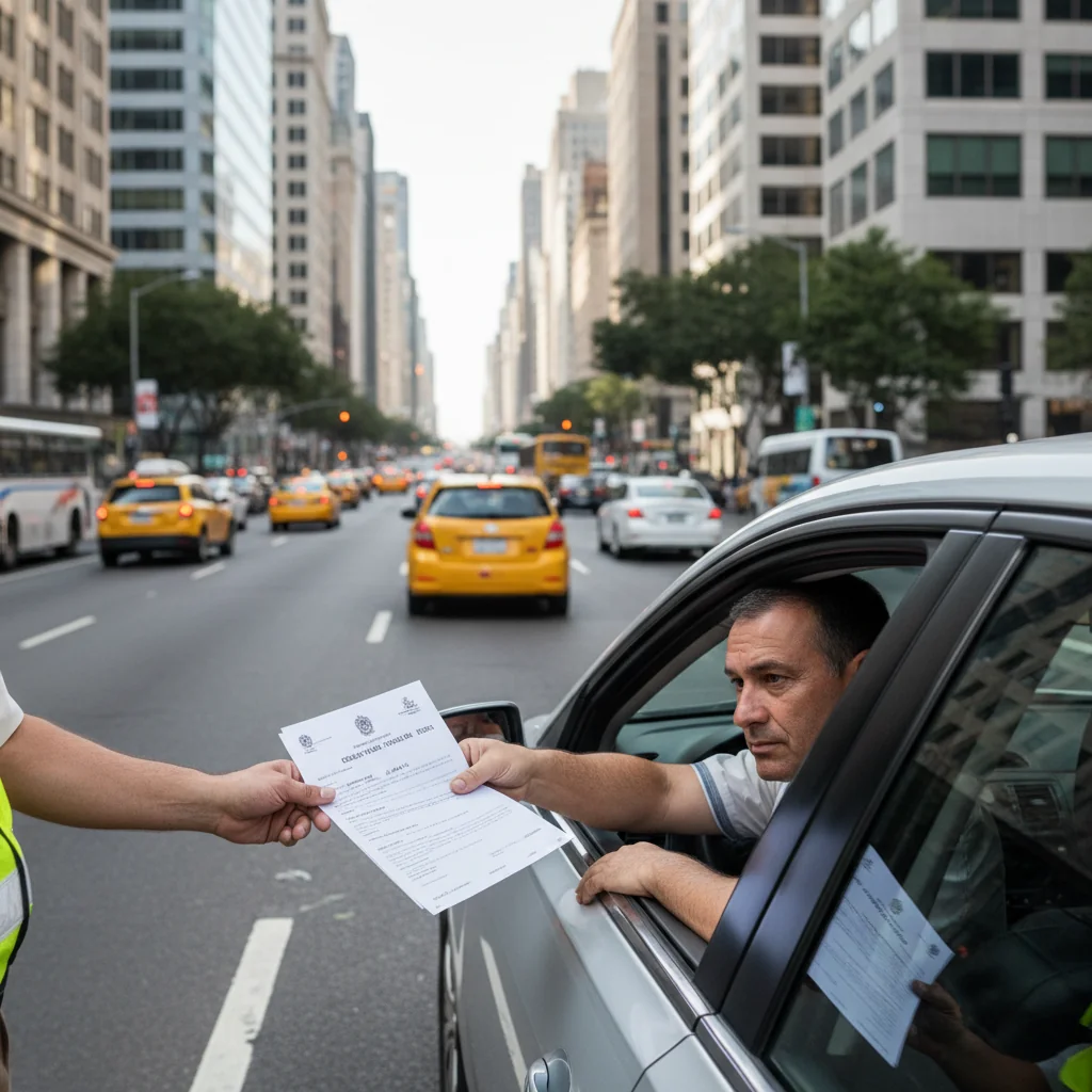 A professional scene in a government traffic office where an adult traffic police officer is issuing a formal challan to a middle-aged driver of a car, both looking serious and engaged in the process, with official documents being exchanged, photorealistic style.