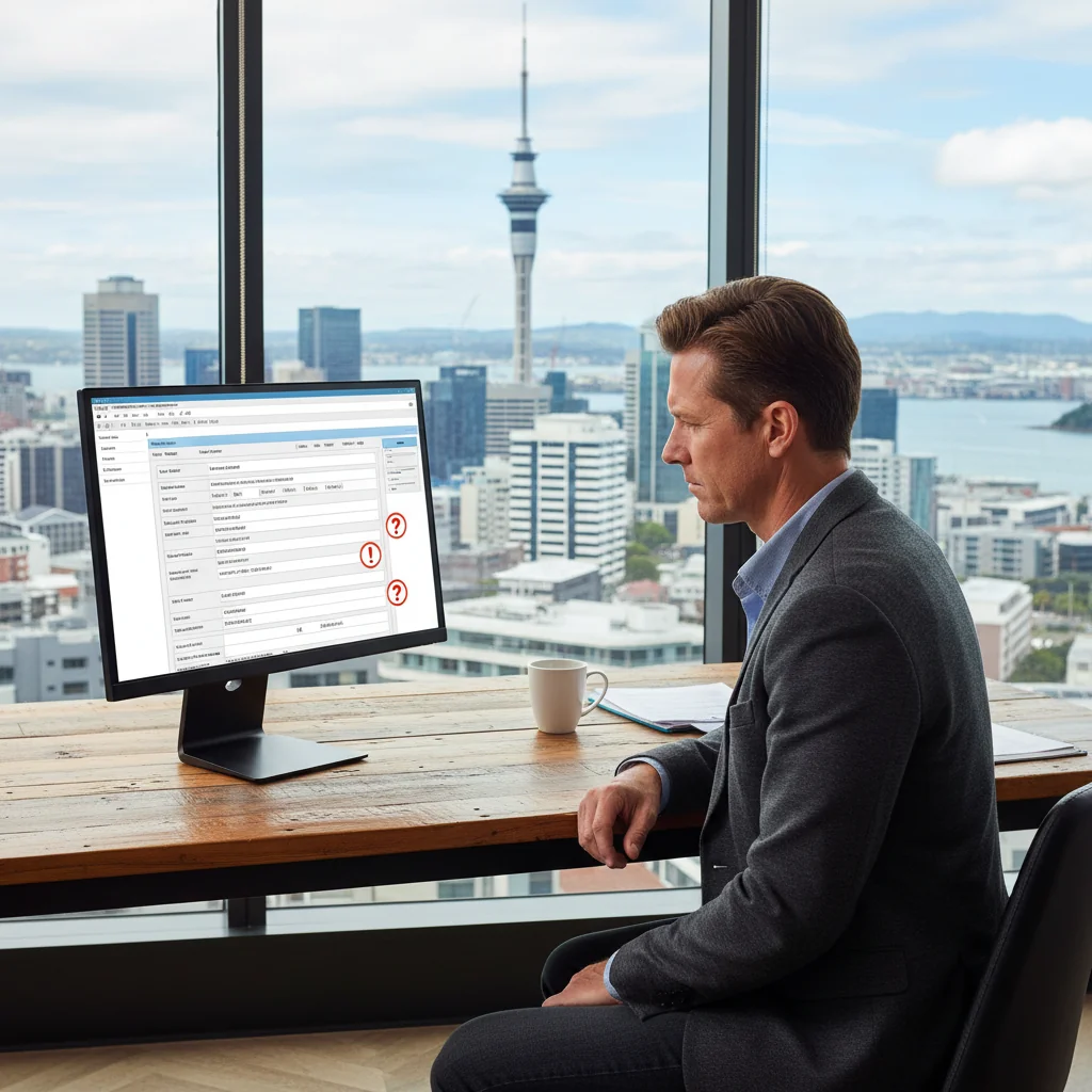 A photorealistic image of a focused adult professional in a modern New Zealand office, carefully reviewing financial documents on a computer screen with tax-related icons subtly in the background, symbolizing accuracy and avoidance of errors in tax invoicing. No children are present.