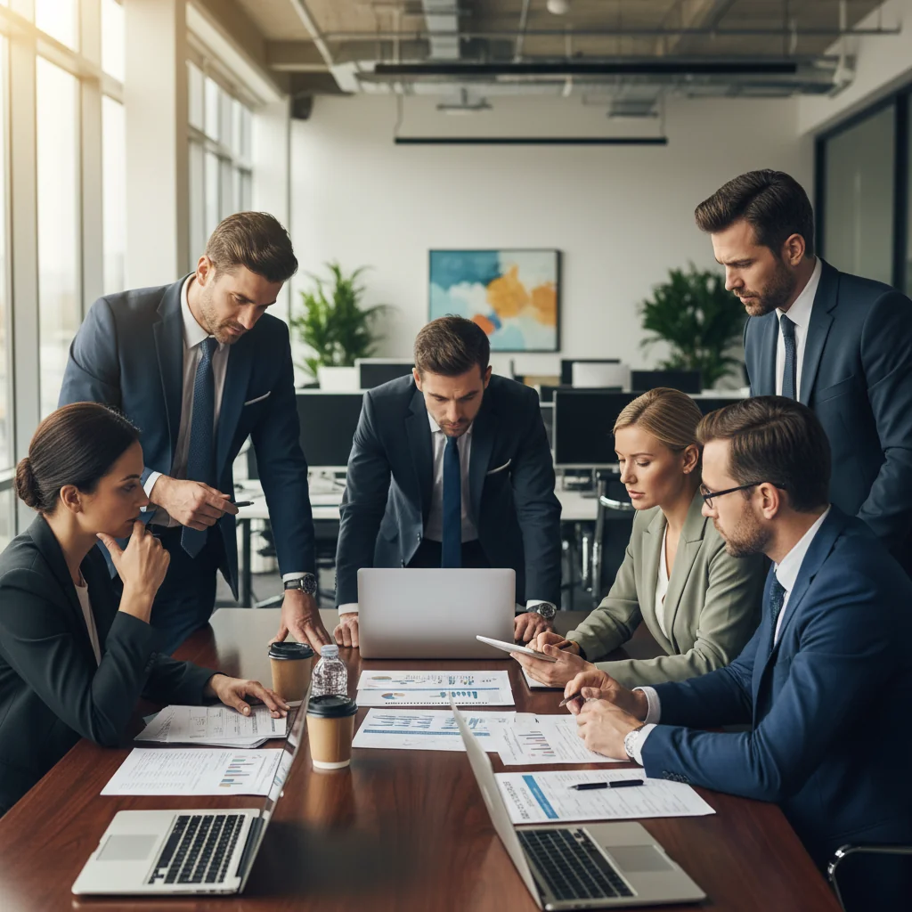 A photorealistic image of a professional business meeting in a modern office, where adults are discussing financial documents and tax strategies on a table, symbolizing the importance of invoices in business transactions without showing any actual documents.