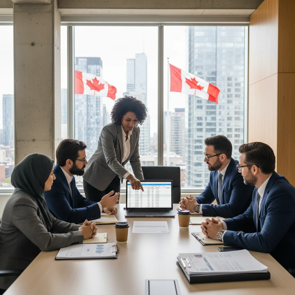A photorealistic image of a professional Canadian business scene representing financial transactions and invoicing, such as a diverse group of adults in a modern office reviewing financial documents on a computer, with subtle Canadian elements like a maple leaf in the background, evoking trust and compliance in business practices.