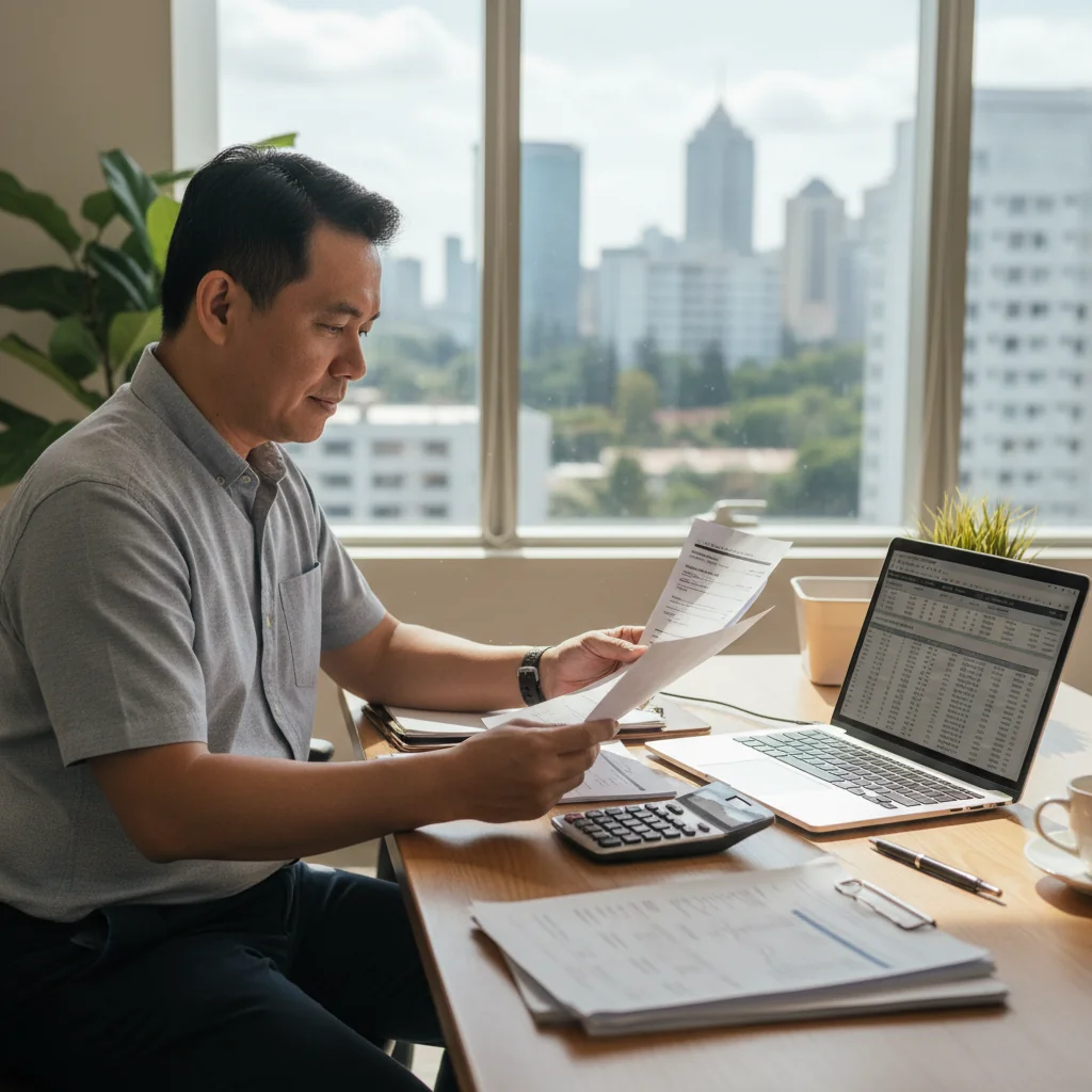 A photorealistic image of a professional adult in a modern Philippine office setting, confidently reviewing financial documents on a desk with a calculator and laptop, symbolizing the importance of official receipts for business transactions and compliance, no children present, natural lighting from a window overlooking a cityscape.