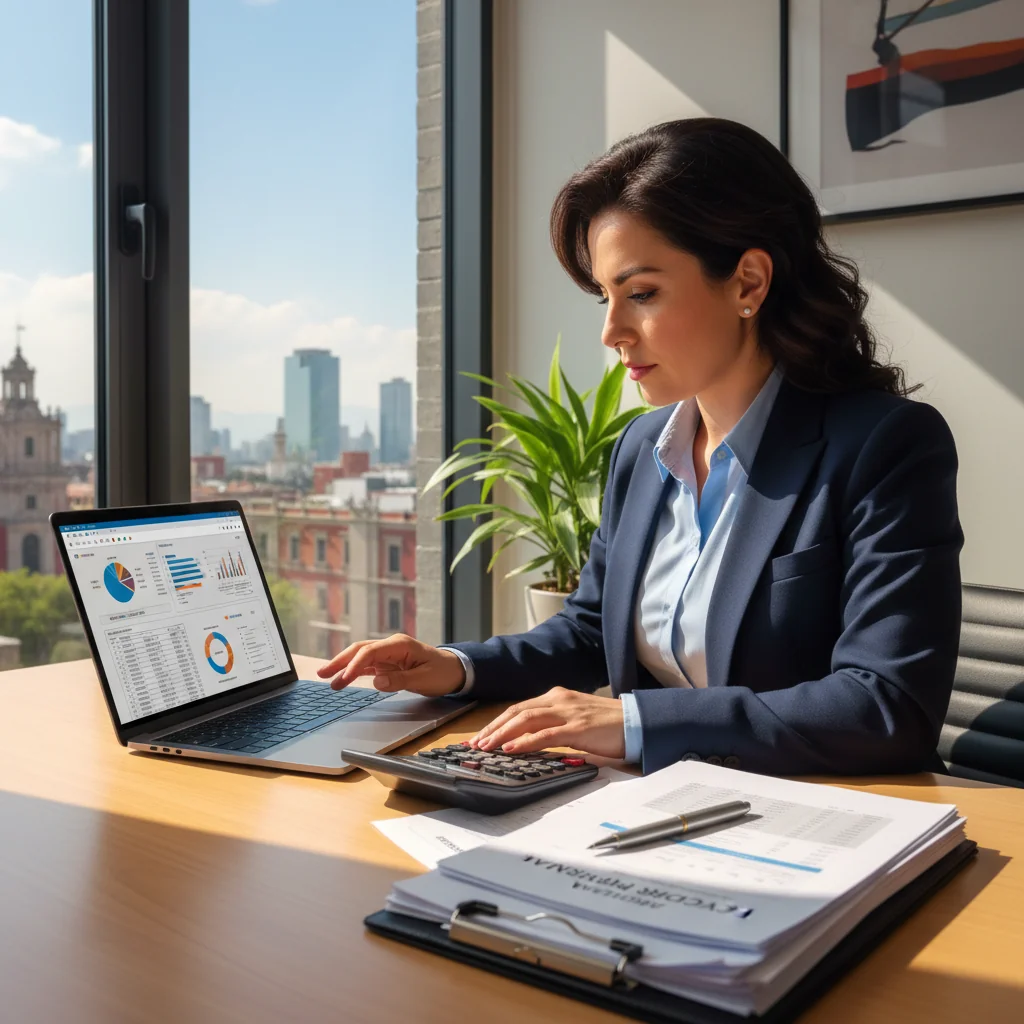 A photorealistic image of a professional Mexican businessperson, an adult in their 30s, sitting at a modern desk in an office, reviewing financial documents on a laptop with a calculator and notepad nearby, symbolizing the formal invoicing process in Mexico. The scene conveys professionalism, accuracy, and business compliance, with warm lighting and authentic Mexican office elements like a flag or local decor in the background. No children are present.