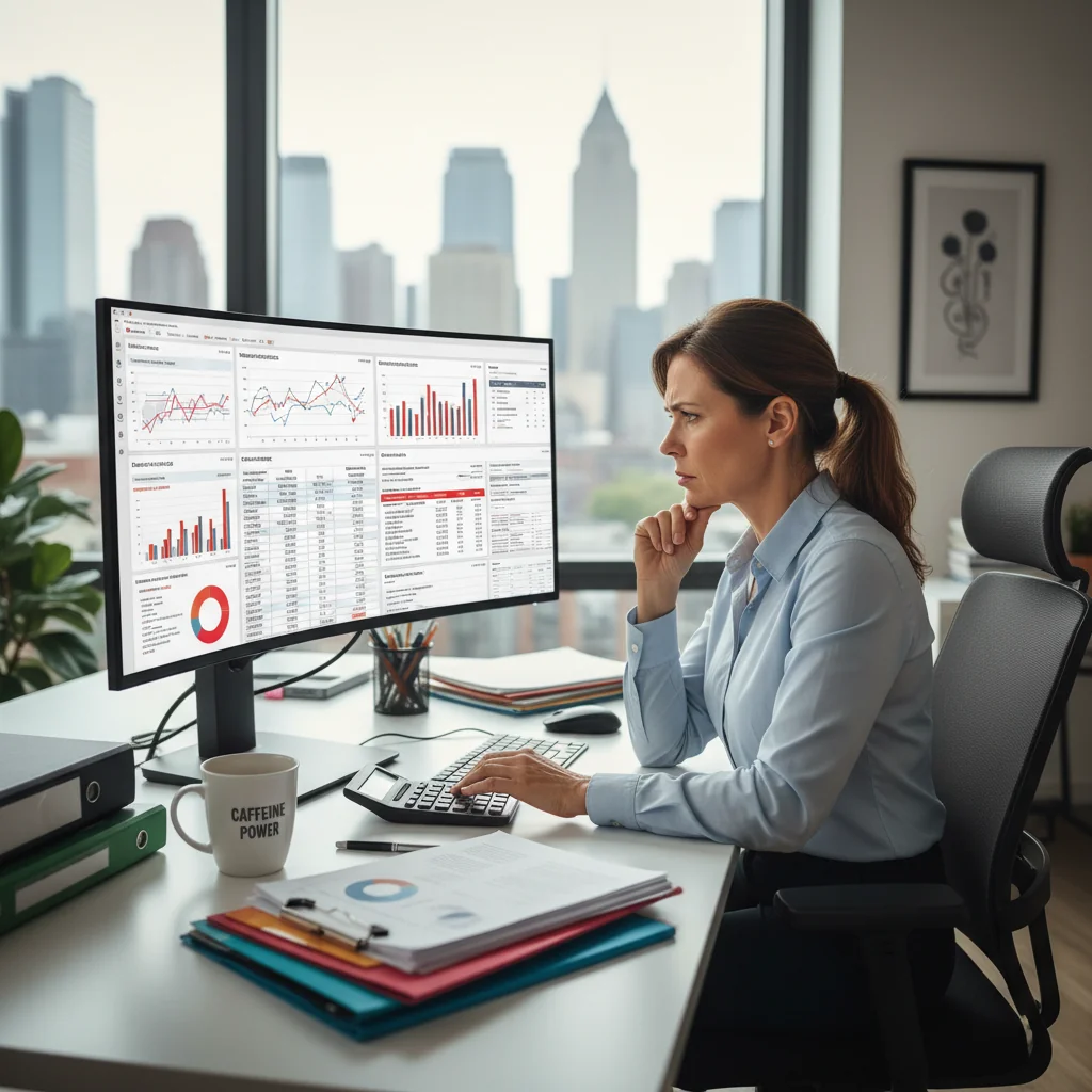 A photorealistic image of a professional businesswoman in a modern office, looking stressed while reviewing financial documents on her computer, with charts and graphs showing errors or discrepancies on the screen, symbolizing the importance of avoiding common mistakes in invoicing for US businesses. No children present.