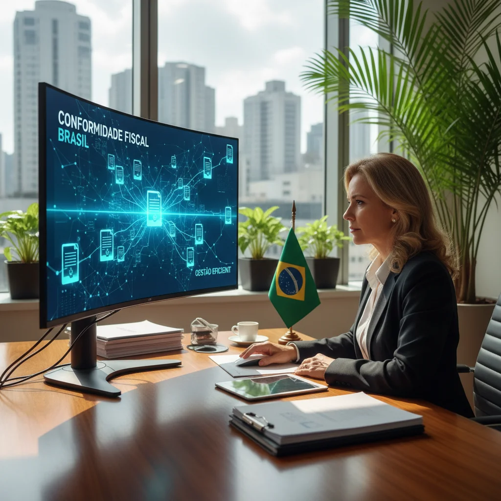 A photorealistic image of a professional businessperson in a modern office environment, reviewing financial documents on a computer screen displaying electronic invoice icons, symbolizing the management and efficiency of electronic fiscal notes in Brazilian business transactions, with no children present.