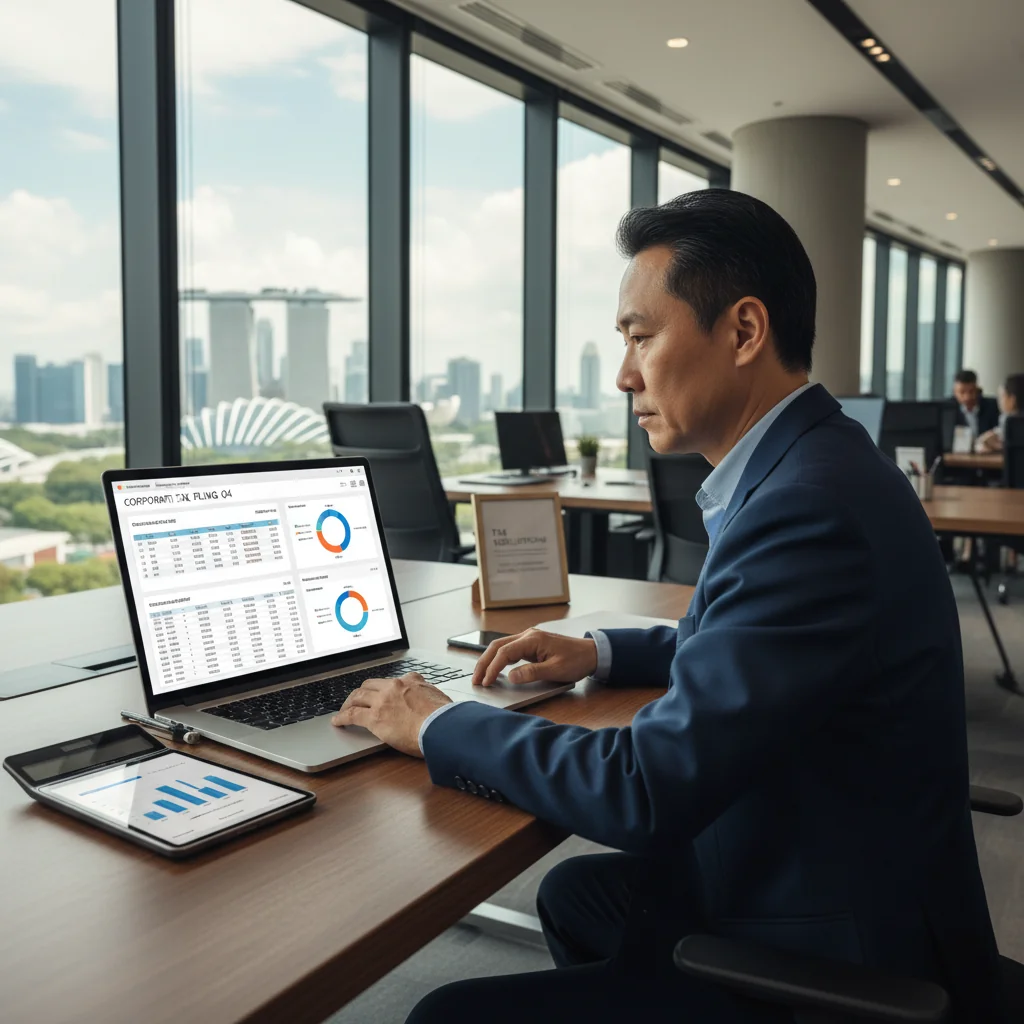 A photorealistic image of a professional business person in a modern Singapore office, reviewing financial documents on a computer, symbolizing the understanding and management of tax invoices, with elements like the Singapore skyline in the background, no children present.